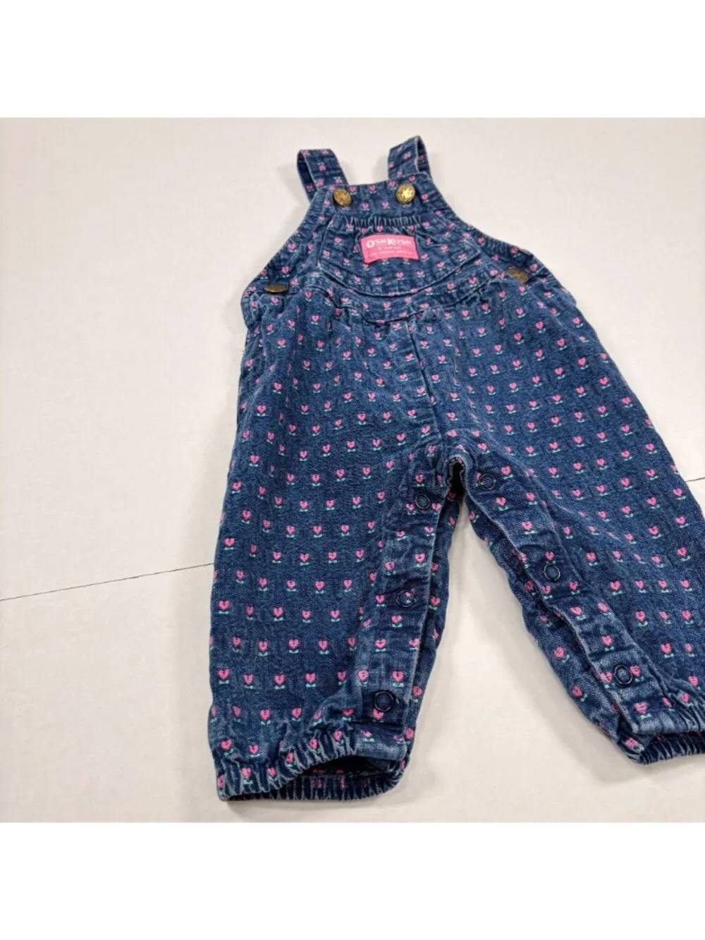 Vintage Oshkosh Baby Girl Tulip Floral Denim Bubble Overalls Romper 6m - 9m
